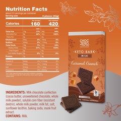 ChocZero Milk Chocolate Caramel Crunch Bark bars reveal sugar-free texture and caramel crunch.