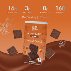 ChocZero Milk Chocolate Caramel Crunch Bark close-up highlights smooth chocolate with caramel crunch.