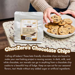 ChocZero Milk Chocolate Chips in a mixing bowl for low-carb cookies.