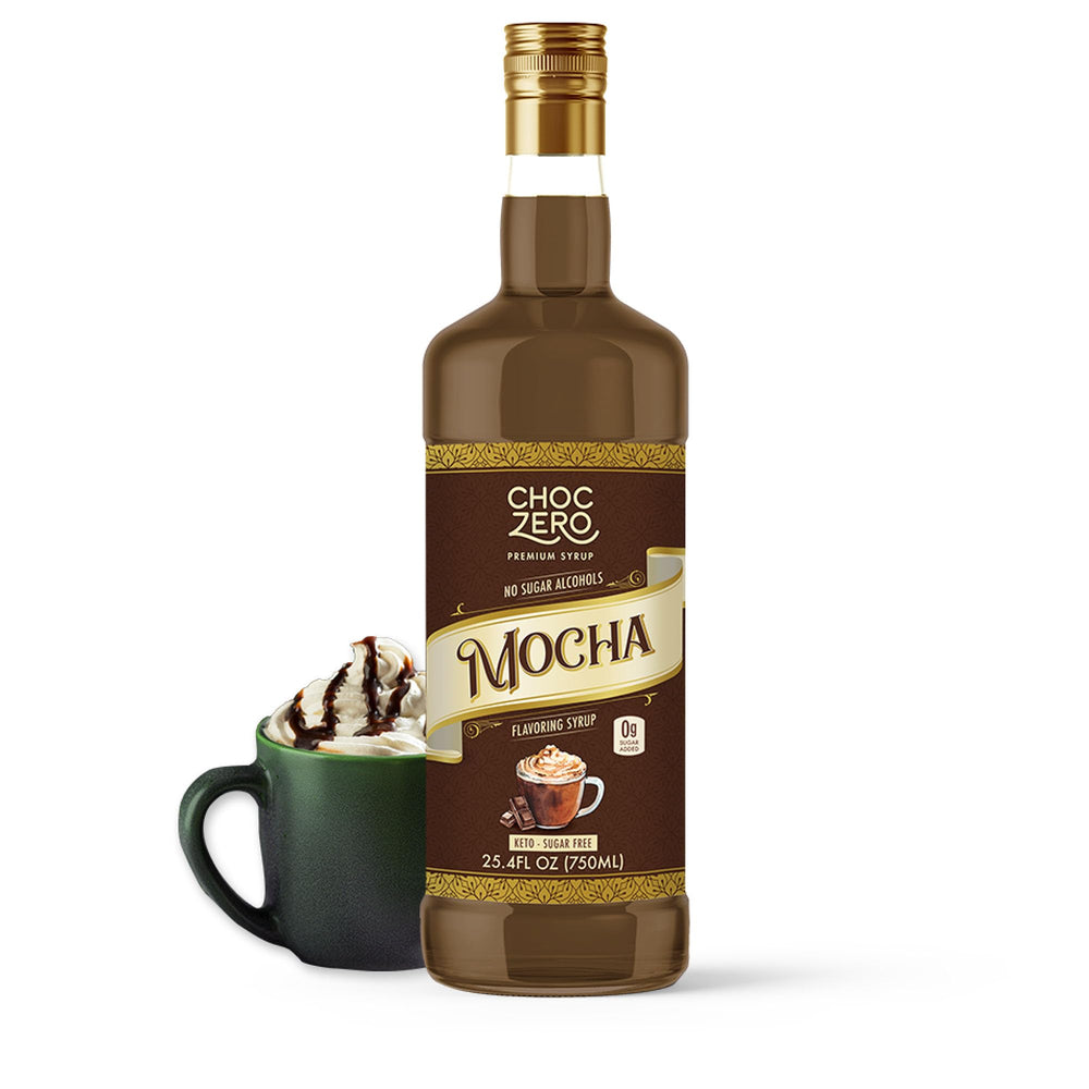 ChocZero Mocha Syrup bottle showcases keto-friendly flavor for coffee at home.