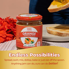 Pouring ChocZero orange marmalade from the bottle as a breakfast topping.