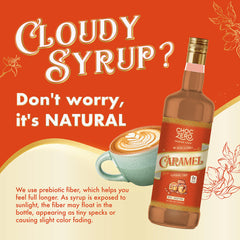 Close-up of ChocZero caramel syrup bottle highlights clean ingredients for healthier drinks.