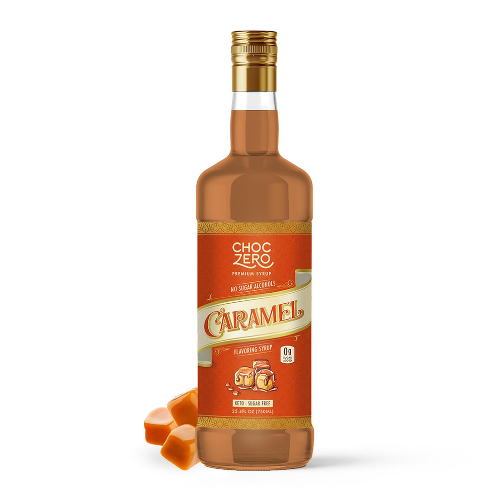 ChocZero sugar-free caramel syrup bottle pours into coffee for keto-friendly sweetness.