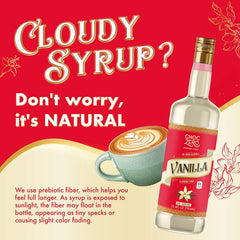 ChocZero vanilla syrup bottle closeup shows clean ingredients and zero sugar alcohols.