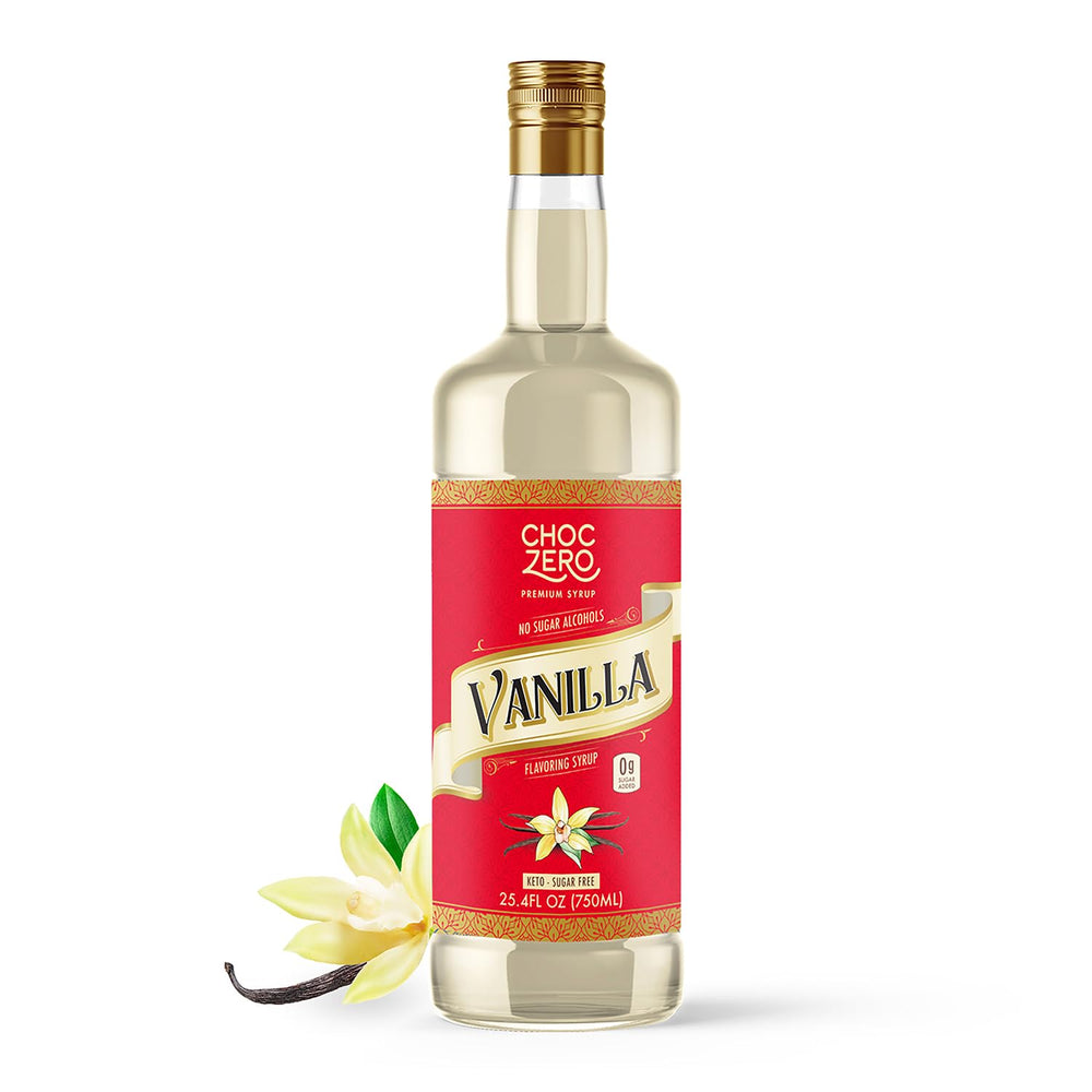ChocZero vanilla syrup for coffee pour enhances keto-friendly vanilla flavor.