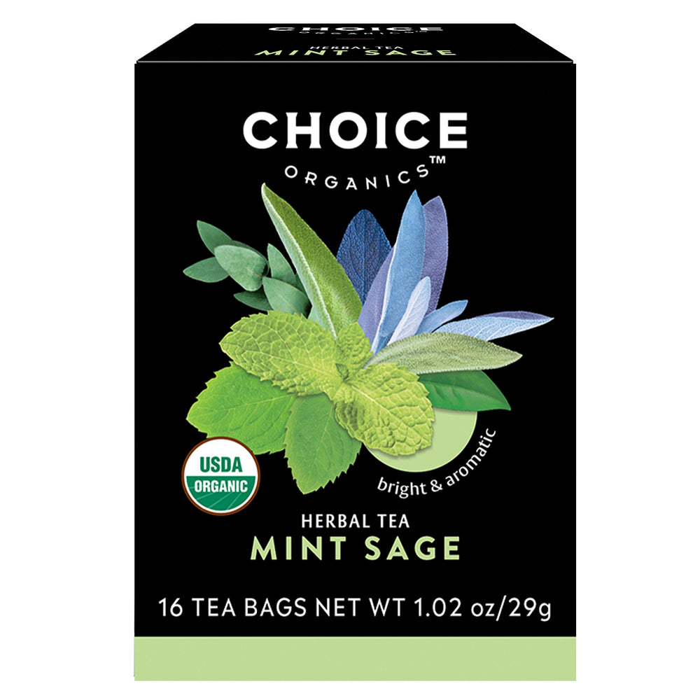 Choice Organic Teas Mint Sage Tea bags in a pack offering naturally caffeine-free infusion