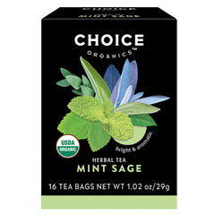 Choice Organic Teas Mint Sage Tea bags in a pack offering naturally caffeine-free infusion
