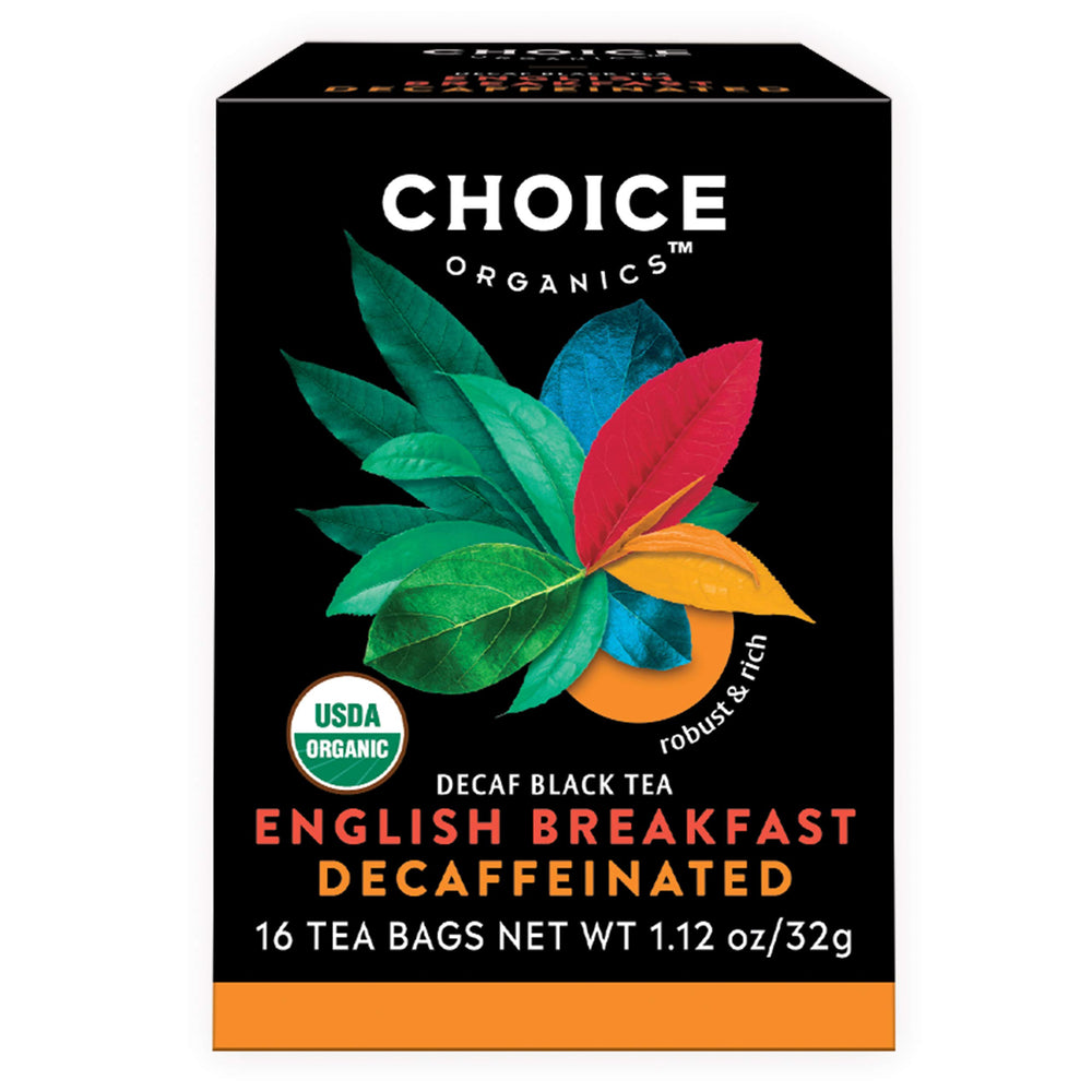 Choice Organic Teas organic decaffeinated English Breakfast tea box, bold flavor with low caffeine
