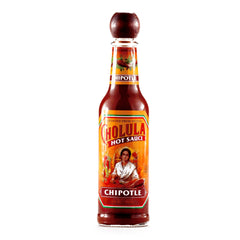 Cholula Chipotle hot sauce bottle with smoky flavor for tacos and eggs.