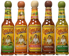 Cholula Original hot sauce bottle with signature artwork and wooden cap, elevating eggs and tacos.