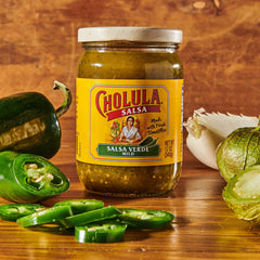 Cholula Salsa Verde dip with tortilla chips for a family-friendly snack.