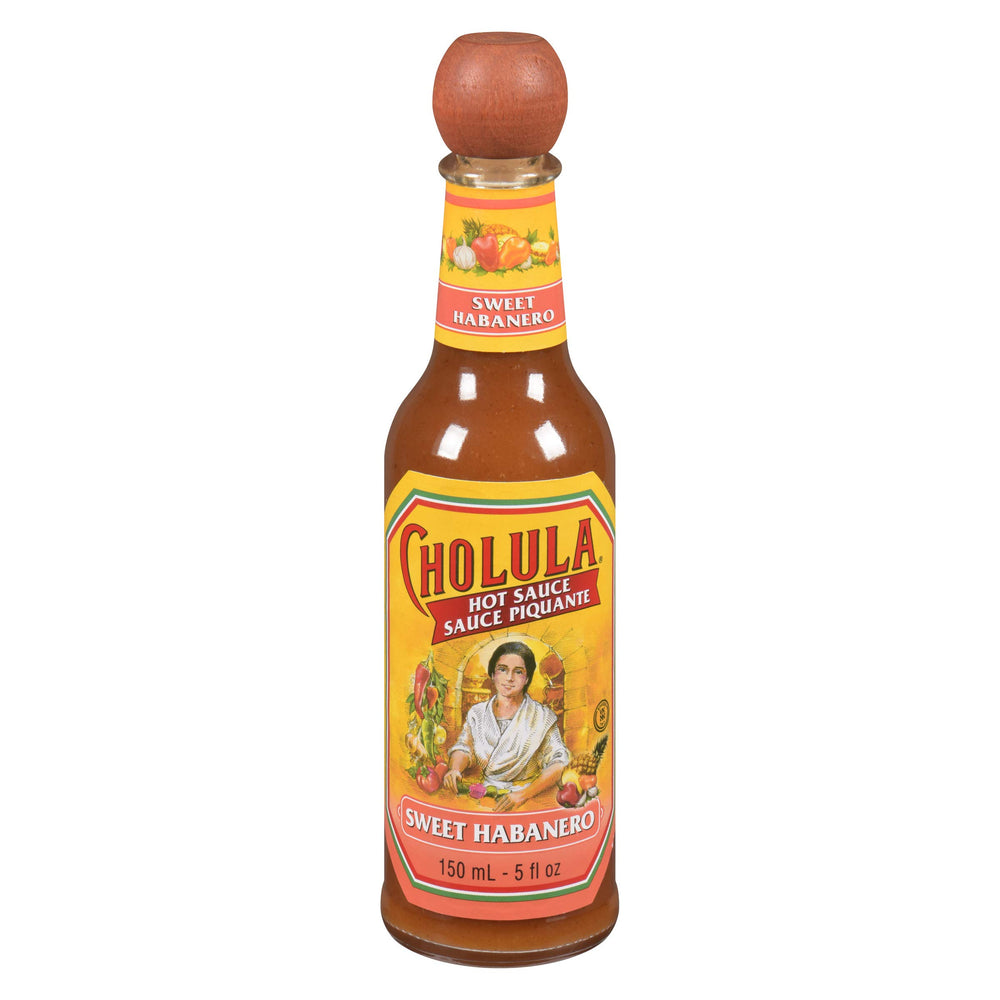 Cholula Sweet Habanero Hot Sauce bottle front view boosts burgers with bright heat.