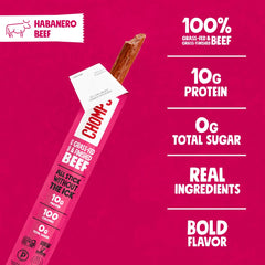 Chomps grass-fed finished beef jerky pack label highlights quality and nutrition