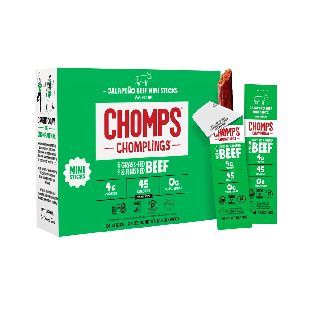 Chomps Jalapeño beef jerky stick 0.5oz pack on the go for protein and flavor.