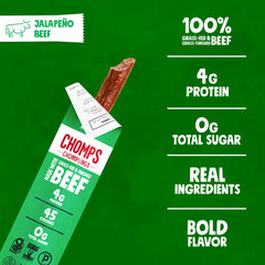 Chomps jalapeño jerky stick with visible peppers, ideal for a spicy snack.