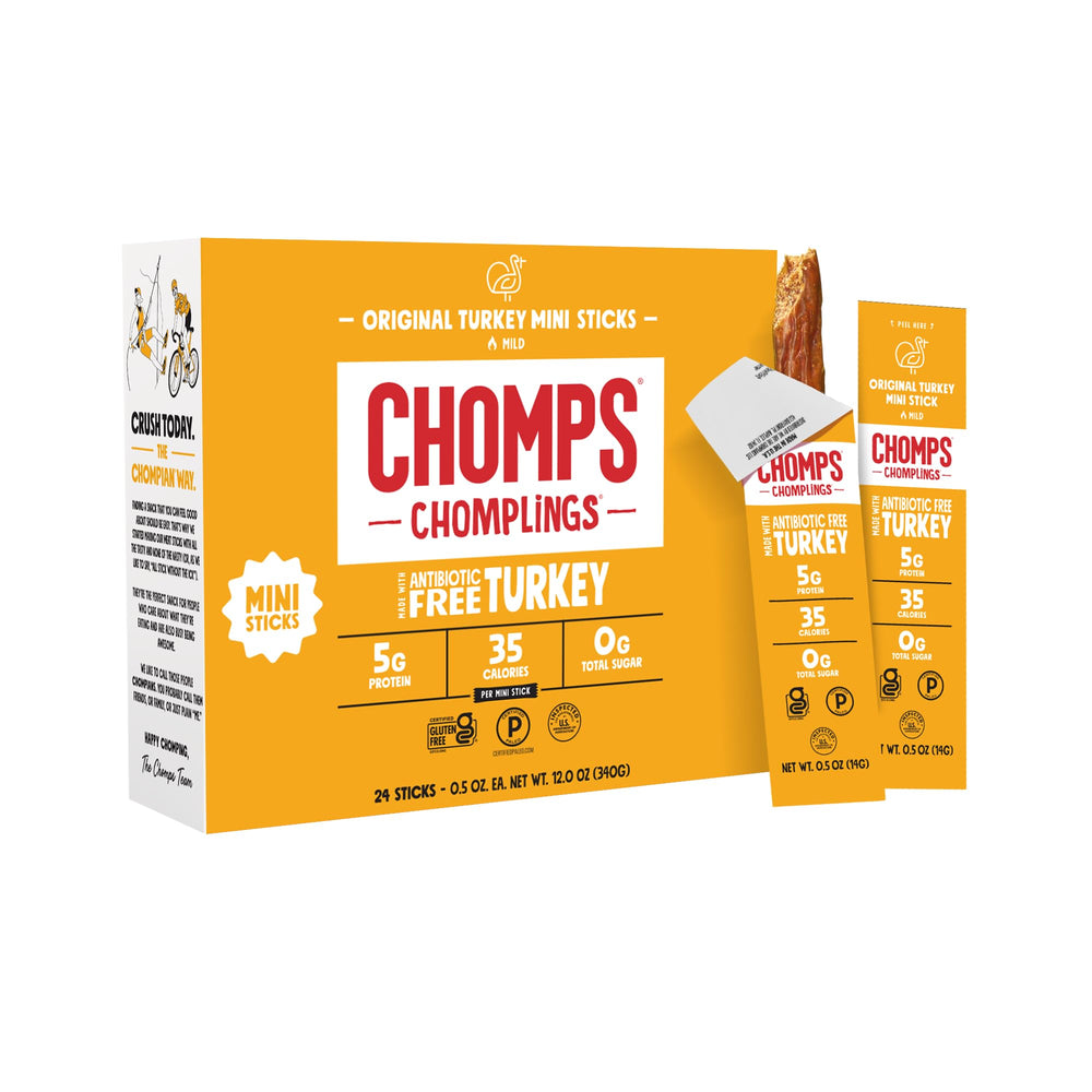 Chomps Original Turkey Jerky Stick 24-pack front view for on-the-go protein