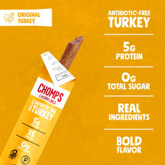 Chomps Original Turkey Jerky Stick packaging shows antibiotic-free and nitrate-free turkey