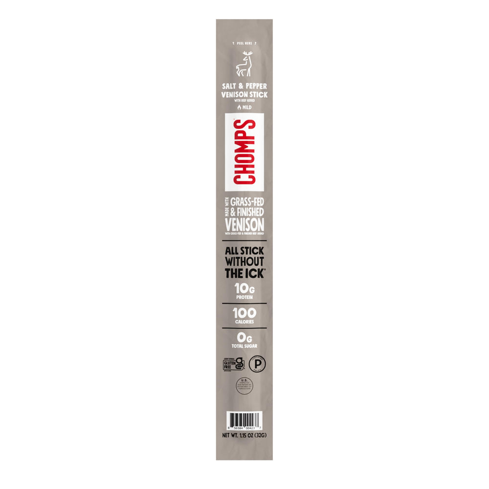 Chomps venison stick packaging highlights premium, ready-to-eat snack.