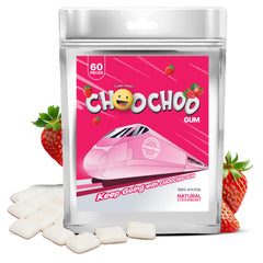 ChooChoo Gum 60-count bottle front view with natural strawberry flavor for a refreshing energy boost