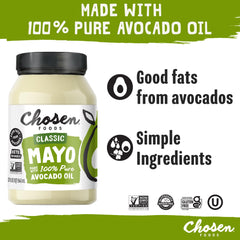 Chosen Foods avocado oil mayo bottle on plate with sandwich, rich flavor in action