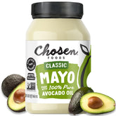 Chosen Foods avocado oil mayo jar close-up highlighting creamy texture for sandwiches
