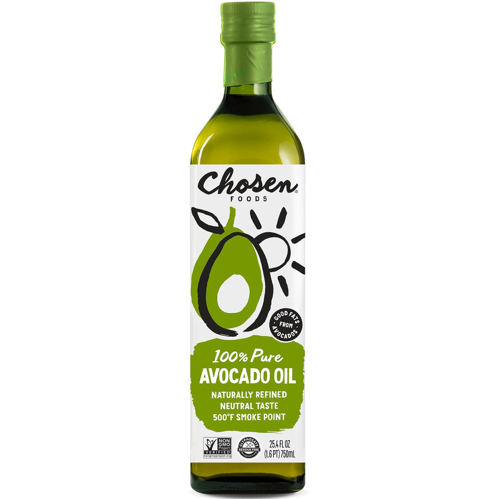 Chosen Foods Avocado Oil bottle pour demonstrates high-heat cooking capability