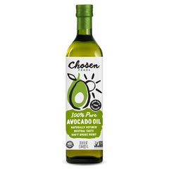 Chosen Foods Avocado Oil bottle on a counter, highlighting purity and versatility.