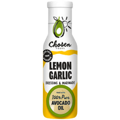 Chosen Foods avocado oil lemon garlic dressing bottle ready to drizzle on salads, versatile marinade