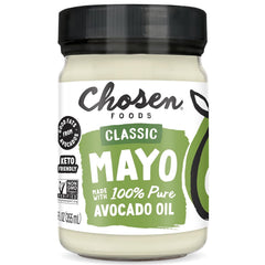 Chosen Foods avocado oil mayo bottle front showing creamy texture and clean ingredients