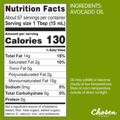 Chosen Foods Avocado Oil pours into a skillet, ideal for high-heat cooking.