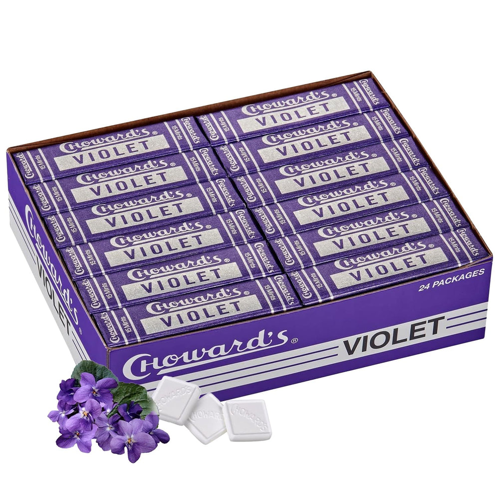 Choward's Violet Mints box display highlights nostalgic packaging for gifting.