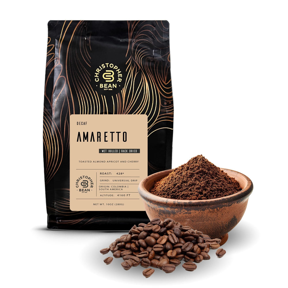 Christopher Bean Coffee amaretto decaf ground bag with kosher-certified label, ideal for evening relaxation.