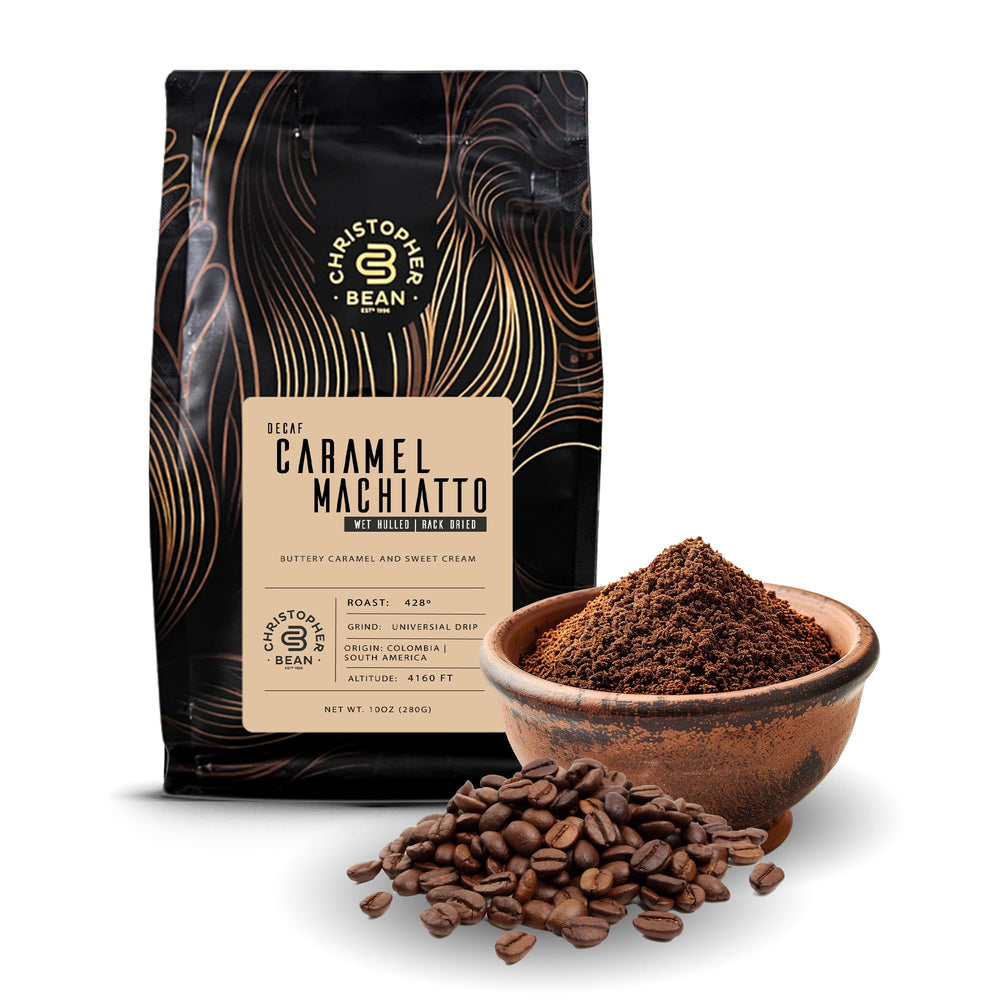 Christopher Bean Coffee decaf ground caramel macchiato bag showcases freshness for flavorful brews.