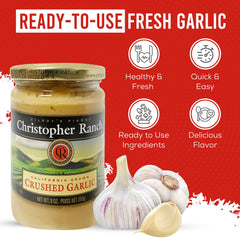 Christopher Ranch Crushed Garlic in Olive Oil jar front label shows premium heirloom garlic.