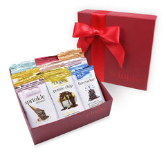 Chuao Chocolatier More Joy gift box front view, a varied mini bars sampler for celebrations.