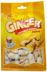 Chun Guang ginger coconut candy wrapper close-up, portable snack option.
