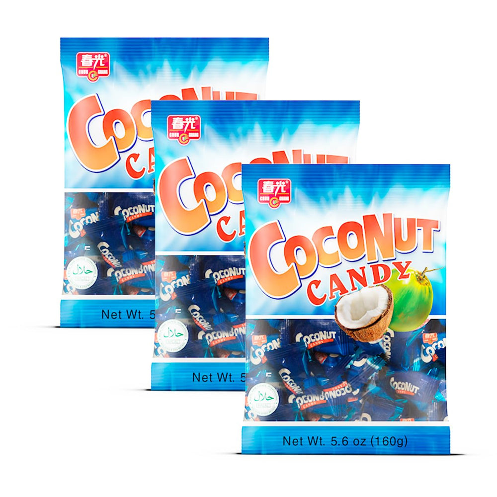Three-pack Chun Guang coconut candy ready for sharing and snacking.