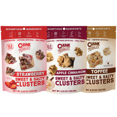Chunk Nibbles strawberry clusters in a bright pouch, a fruity-sweet snack for lunchboxes.