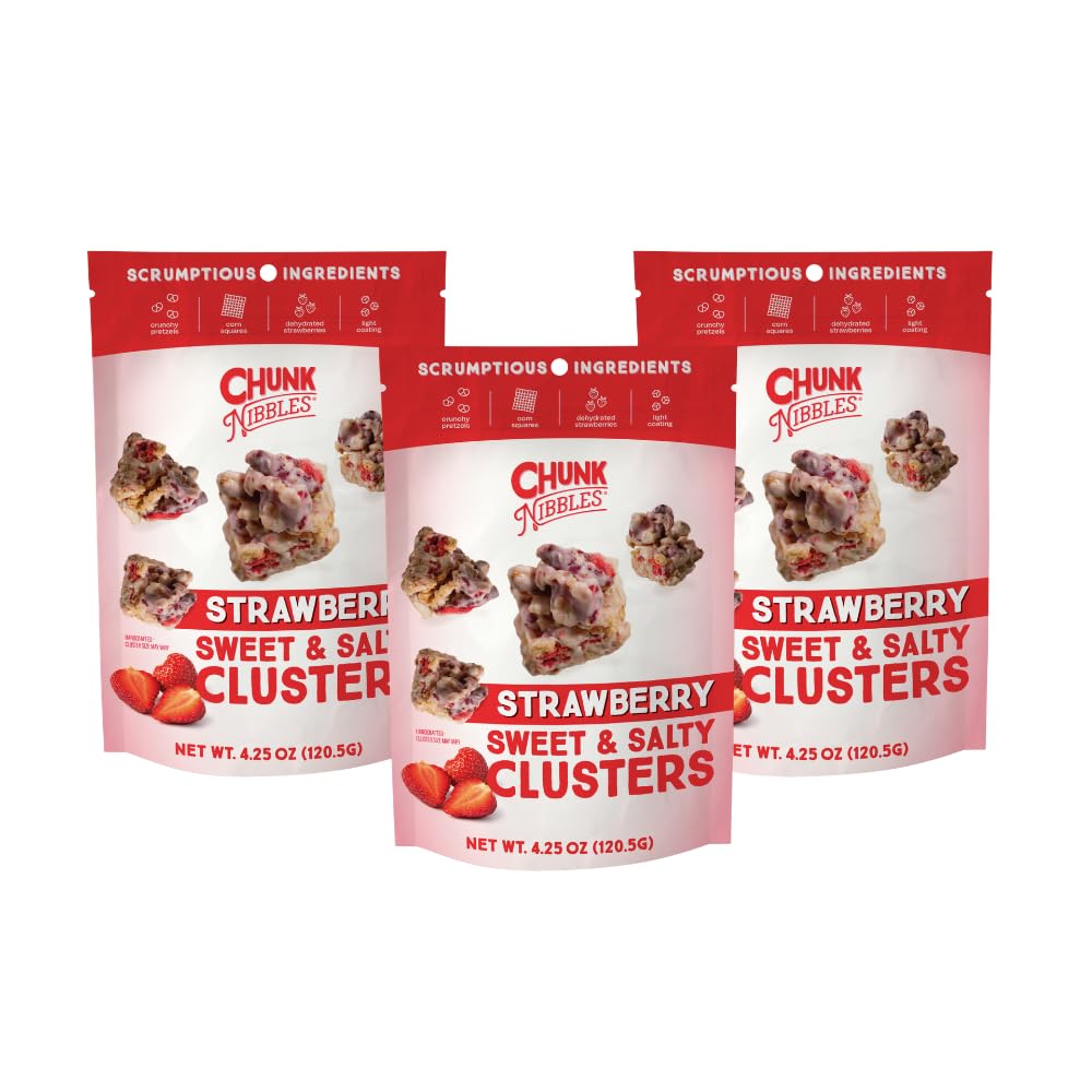 Chunk Nibbles Strawberry Snack Clusters in a resealable pouch showing real fruit flavor.