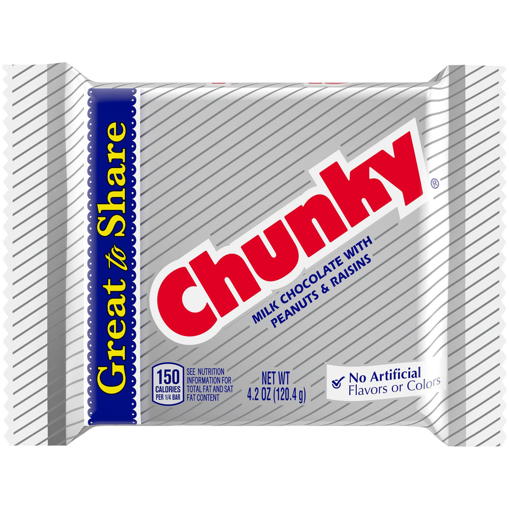 Chunky Giant Milk Chocolate Bar unwrapped, peanuts and raisins visible for flavor