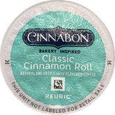 CINNABON Classic Cinnamon Roll Coffee K-Cups on a shelf, convenient single-serving packaging
