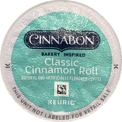 CINNABON Classic Cinnamon Roll Coffee K-Cups on a shelf, convenient single-serving packaging