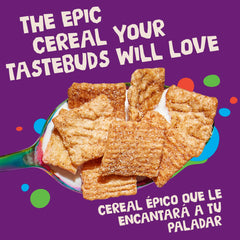 Close-up of Cinnamon Toast Crunch squares with CINNADUST cinnamon coating, showcasing crunchy texture.