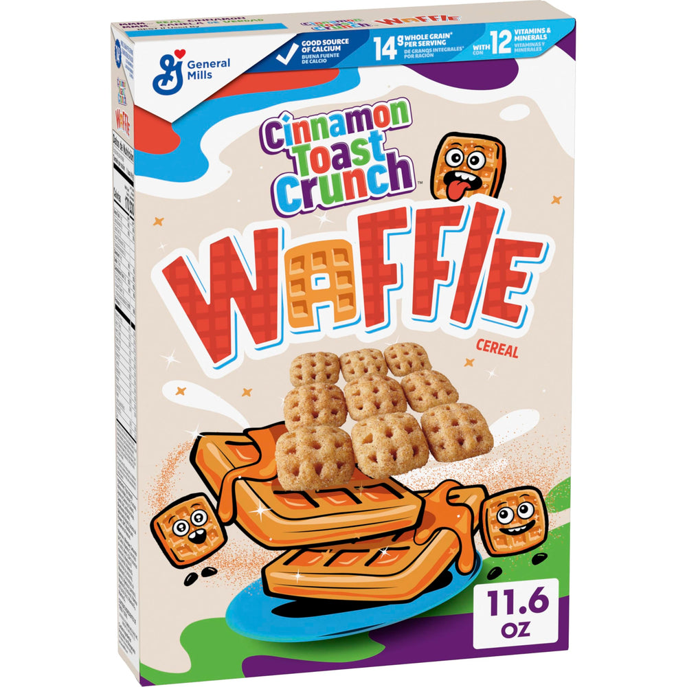 Cinnamon Toast Crunch Waffle Cereal in bowl with milk and CINNADUST crunch.