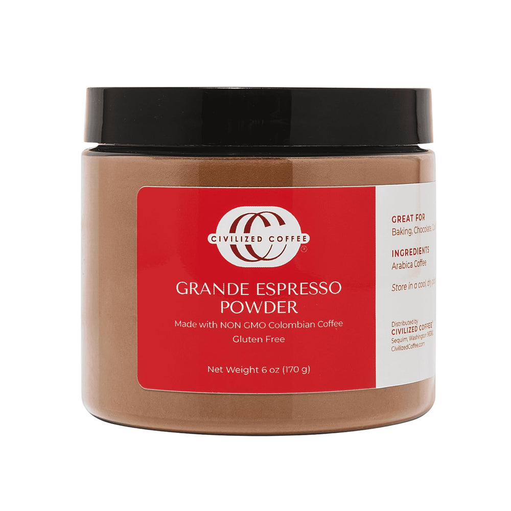 Civilized Coffee Espresso Powder Grande bottle pour shows easy storage for baking enthusiasts