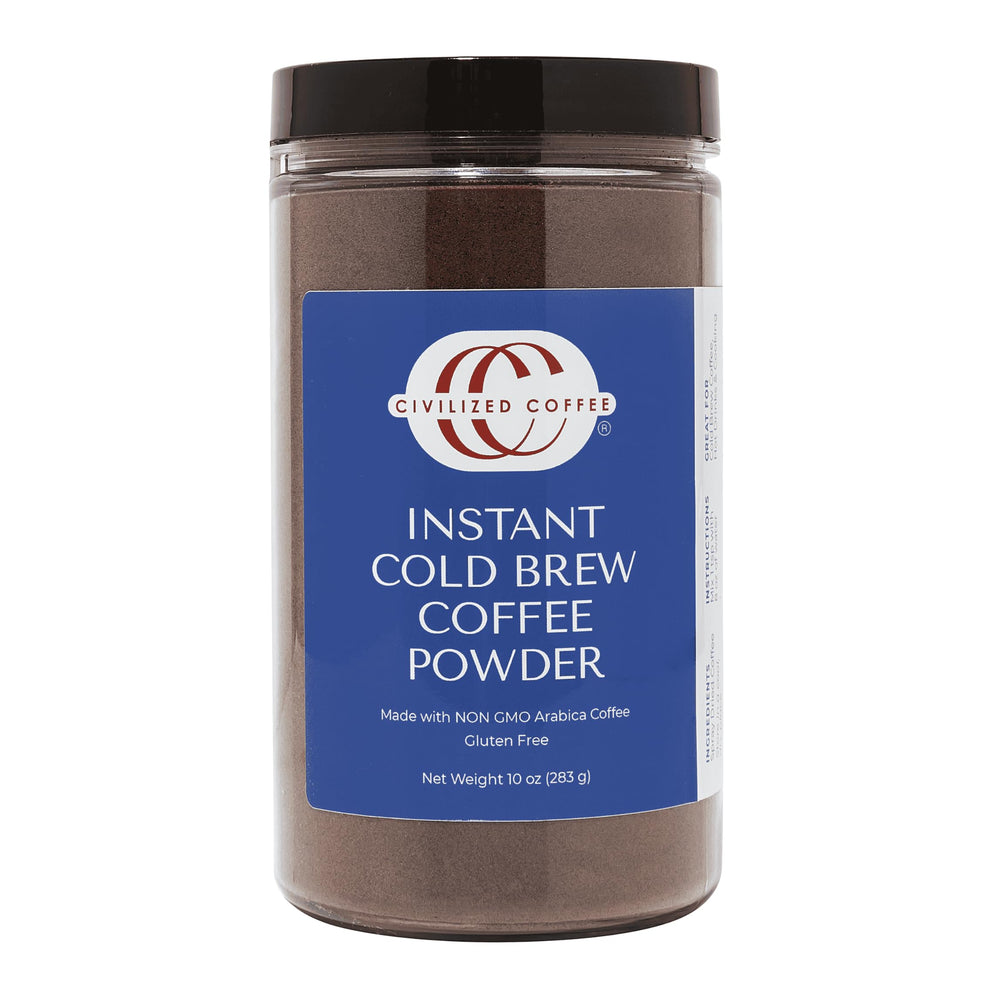 Civilized Coffee instant cold brew powder jar with premium Arabica beans for quick cold brew.