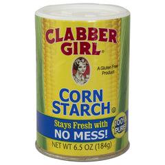 Clabber Girl corn starch in resealable canister maintains freshness for easy thickening.