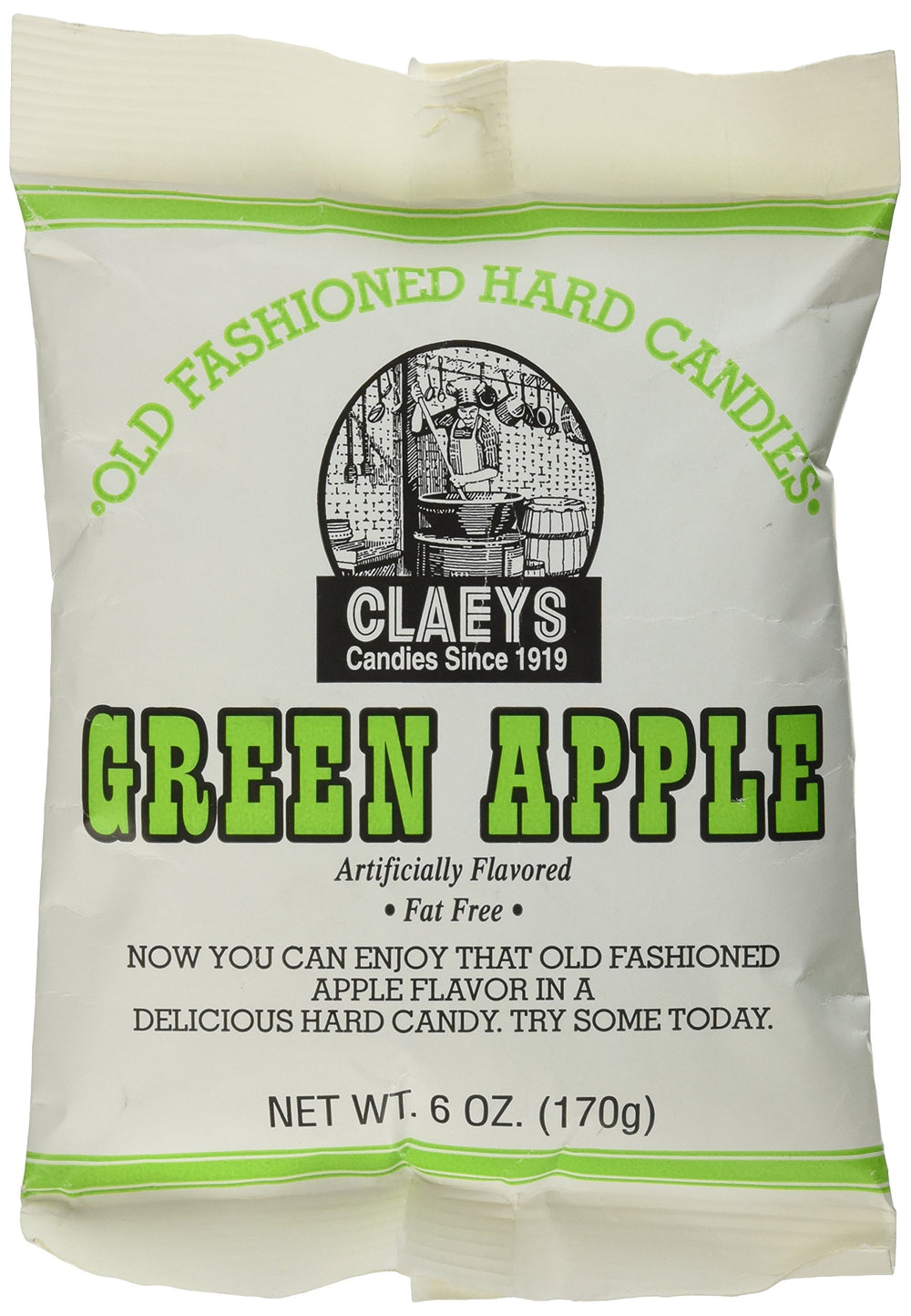 Claey's Green Apple hard candy bag showing glossy pieces for a classic treat.
