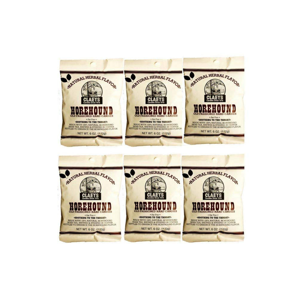 Claeys Horehound old-fashion hard candy, six 6 oz bags, provides a classic, convenient snack.