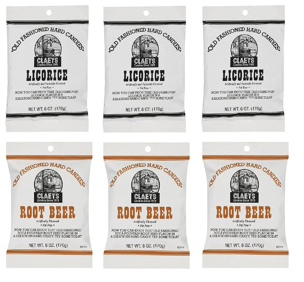 Claeys Old Fashioned licorice hard candy in a 6 oz pack with nostalgic snacking potential.